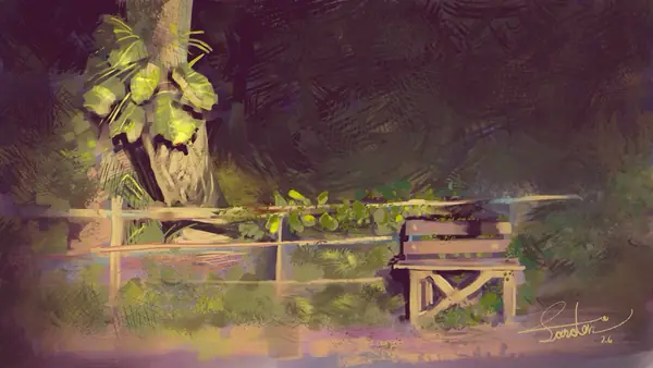 An imagined arrangement of flowers and structures is explored through warm evening colour.