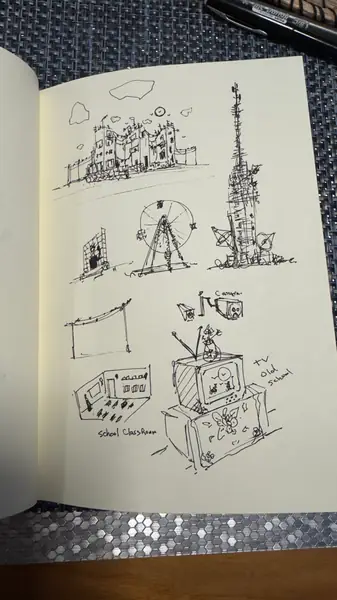 A sketchbook page gathers small studies of imagined characters, forms, and environments.