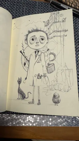 A sketchbook page gathers small studies of imagined characters, forms, and environments.
