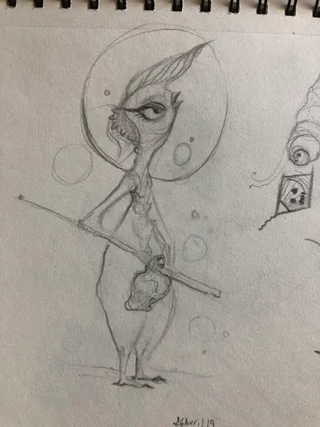 An imagined character is explored through expressive lines, shapes, and gestures.