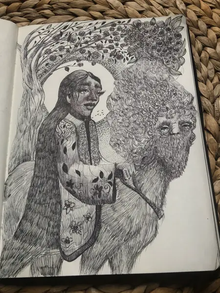 An imagined face and tree are woven into a closely patterned drawing.