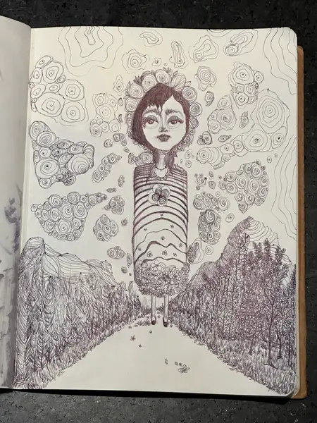 An imagined character is explored through expressive lines, shapes, and gestures.