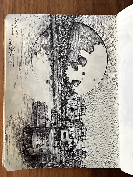An imagined city meets a circular field of pale and dark texture.