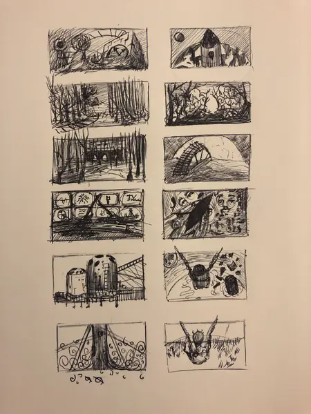 A sketchbook page gathers small studies of imagined characters, forms, and environments.