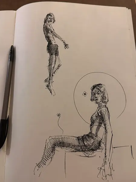 An imagined character is explored through expressive lines, shapes, and gestures.