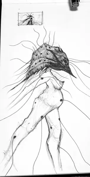 An imagined character is explored through expressive lines, shapes, and gestures.