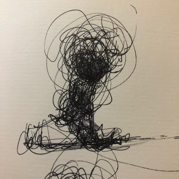 A loose network of lines explores an imagined head and a compact gesture.