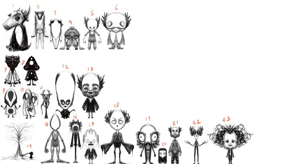 A sketchbook page gathers small studies of imagined characters, forms, and environments.