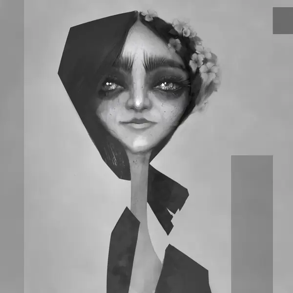 An imagined face is simplified into a spare arrangement of angular shapes.