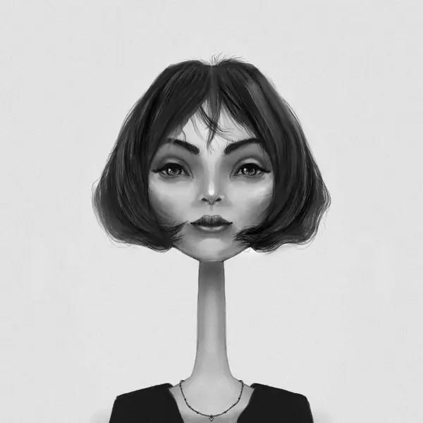 An imagined face is framed by a dark bob and softly painted features.
