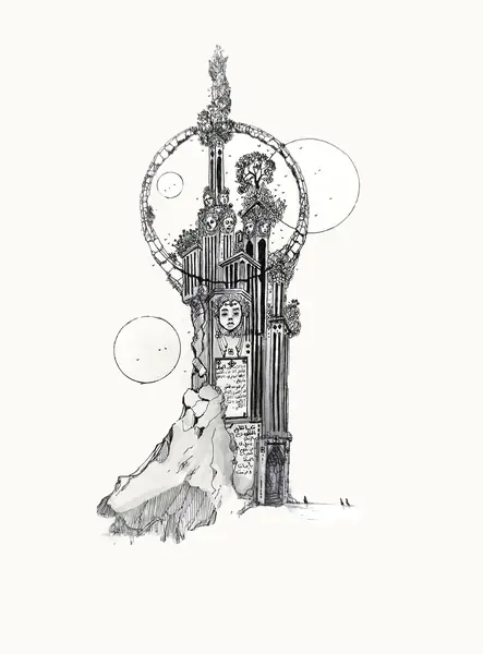 An imagined tower stands within a precisely drawn circular composition.
