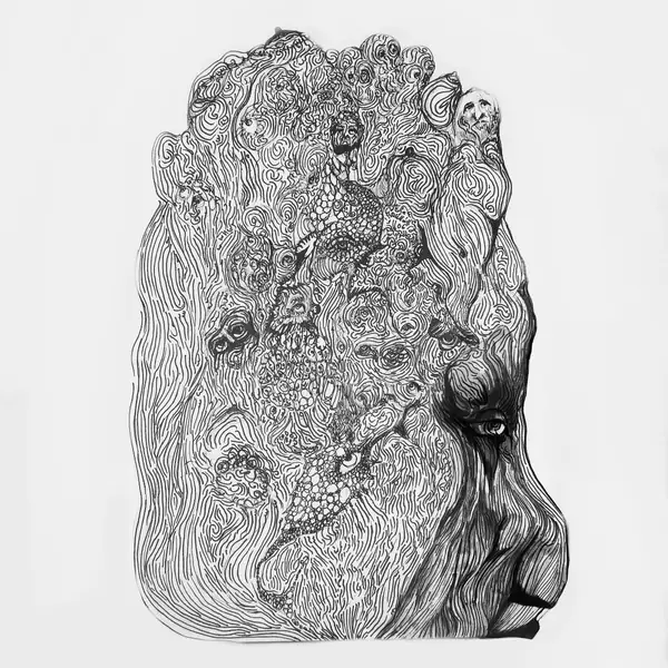 Small imagined faces and creature-like forms merge into a dense drawing.