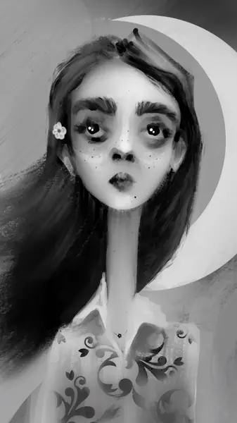 An imagined face is framed by flowing hair and small decorative shapes.