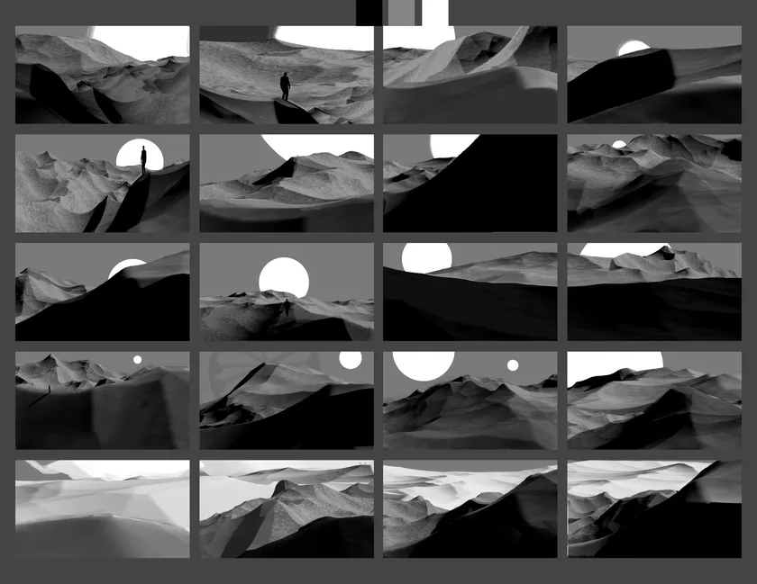 A sheet of small environment ideas explores silhouettes, structure, and light.