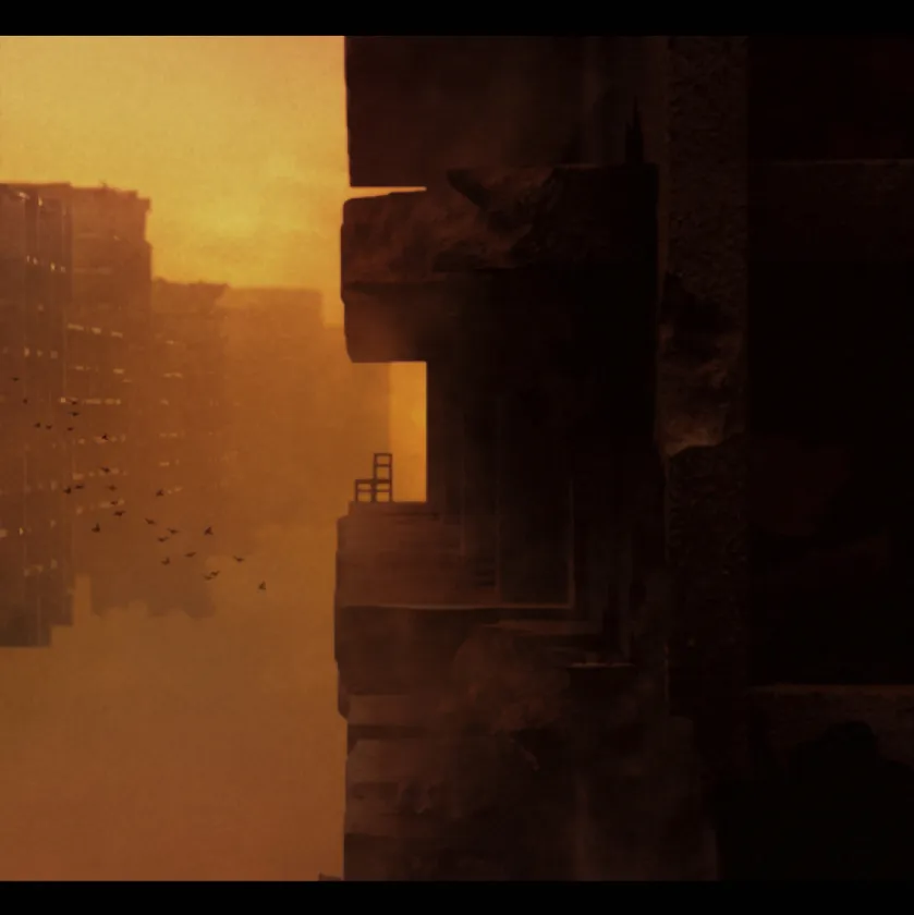 A warm-toned view explores scale and depth between imagined architectural forms.