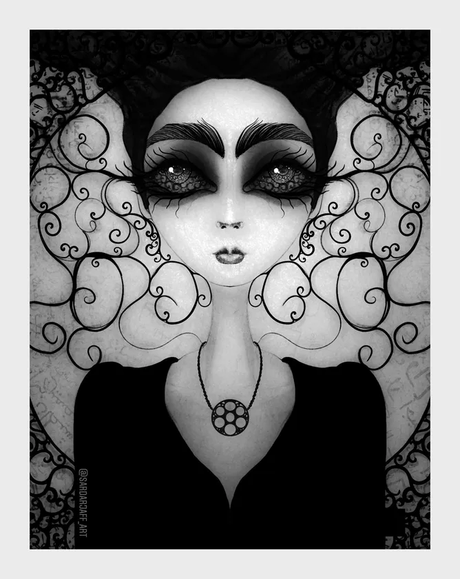 An imagined face is framed by expressive eyes and an intricate ornamental pattern.