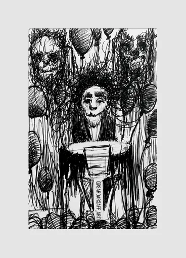 A slender imagined figure is woven into a dense arrangement of lines and surrounding forms.