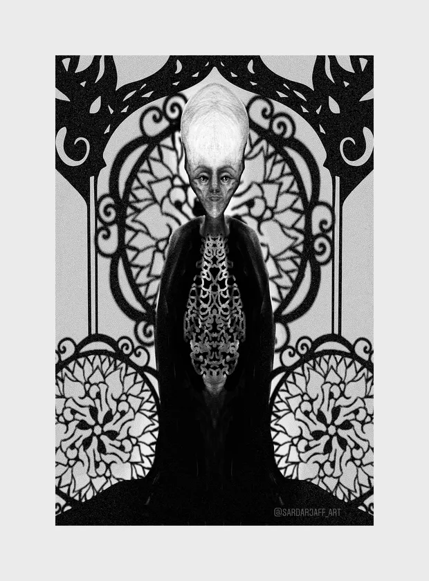 A seated figure and an ornate circular backdrop meet in a stark character study.