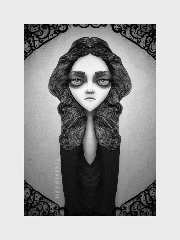 A young imagined face emerges from a quiet arrangement of light, shadow, and dark hair.