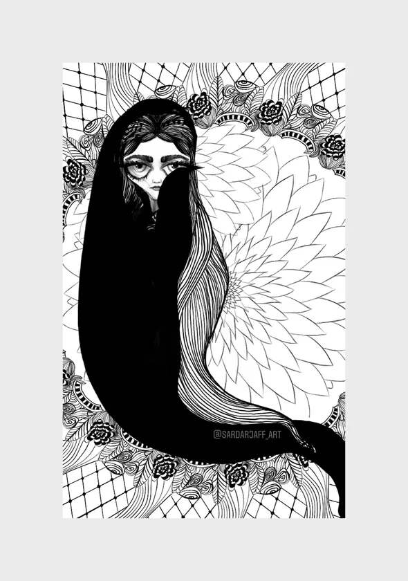 A long-haired figure is framed by a pale, densely patterned background.