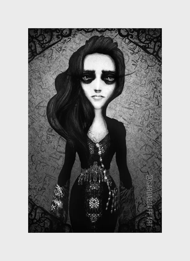 A stylized portrait explores a calm expression, dark hair, and decorative detail.