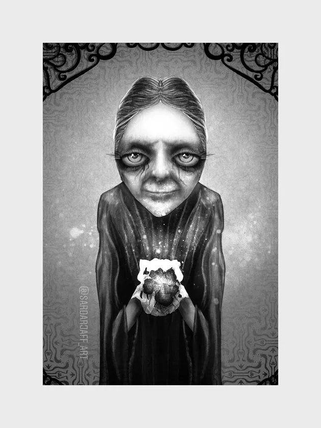 An imagined figure holds a small form within a portrait of soft light and dark clothing.