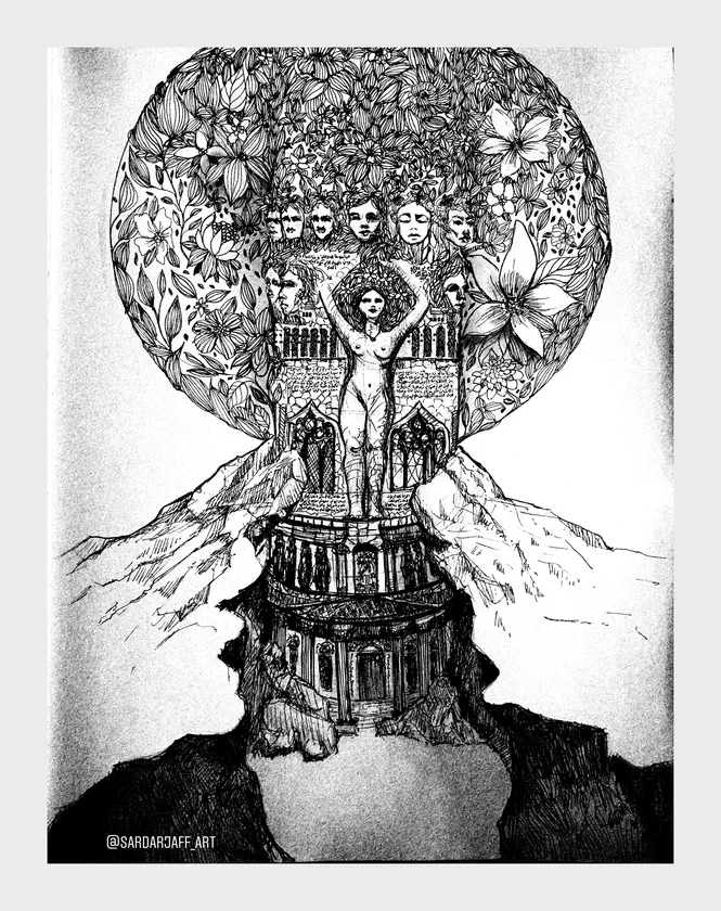 A figure, circular patterns, and imagined architecture grow into an intricate drawing.