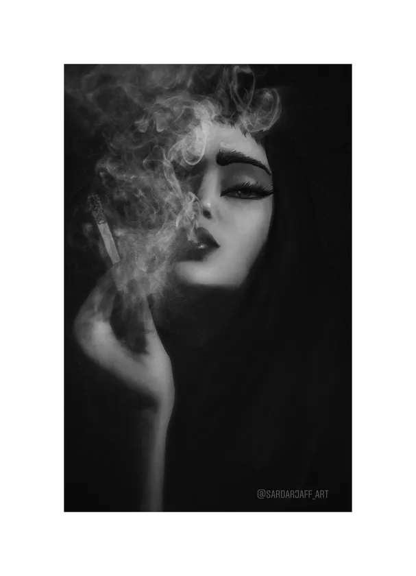 A portrait emerges through smoke-like shapes and a restrained field of shadow.