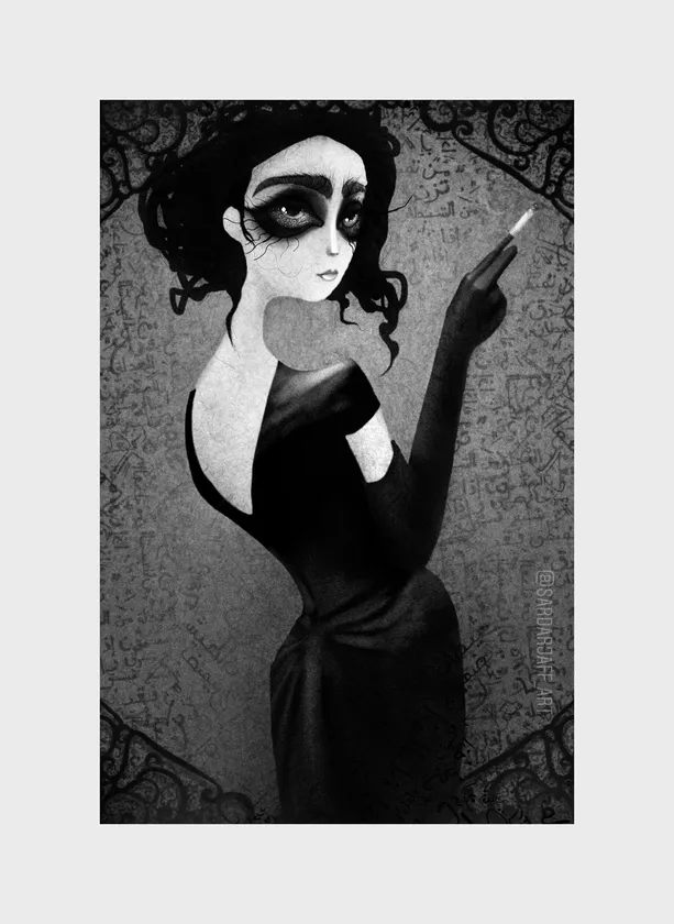 A stylized standing figure combines a delicate gesture with an ornate, shadowed background.
