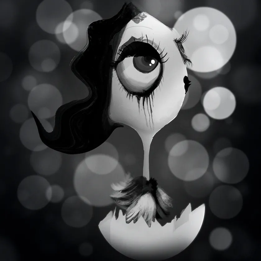 A wide-eyed imagined character emerges within a field of soft circular shapes.