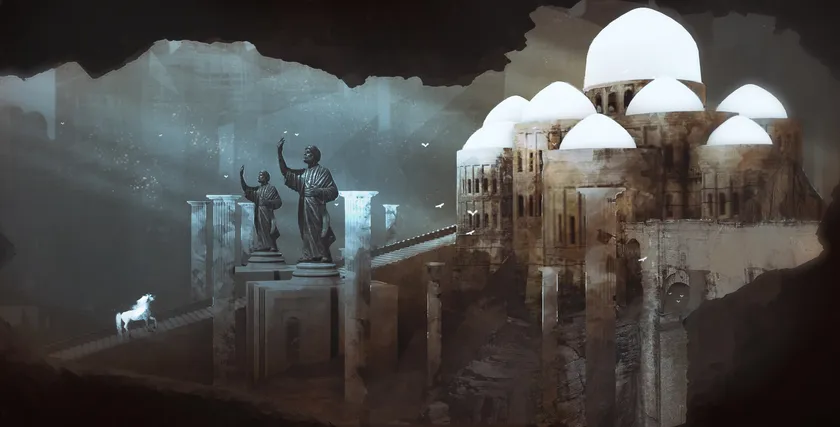 Light falls across an imagined city of tall structures, arches, and reflective surfaces.