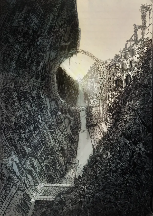 An imagined passage unfolds between richly textured buildings and steep walls.
