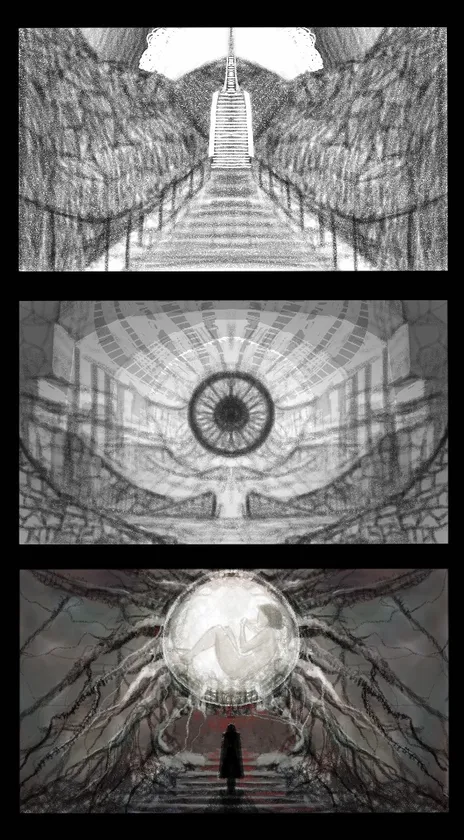 Three drawn panels explore architecture, framing, and a dramatic source of light.