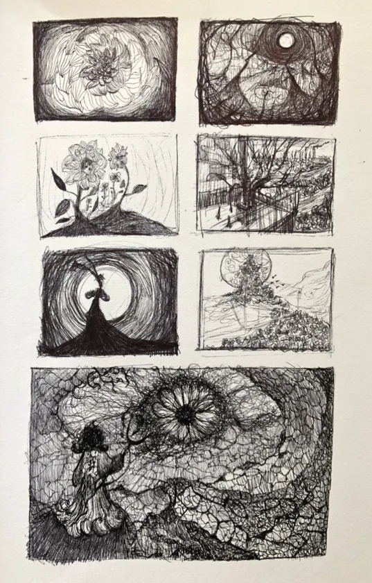 Small drawings gather ideas for faces, shapes, and intricate imagined forms.