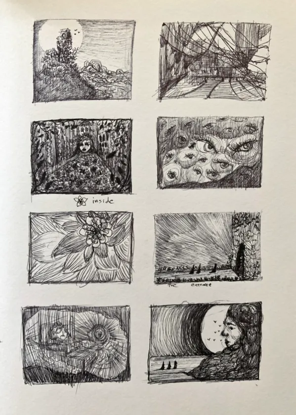 A page of thumbnail drawings tests environments and the placement of light.