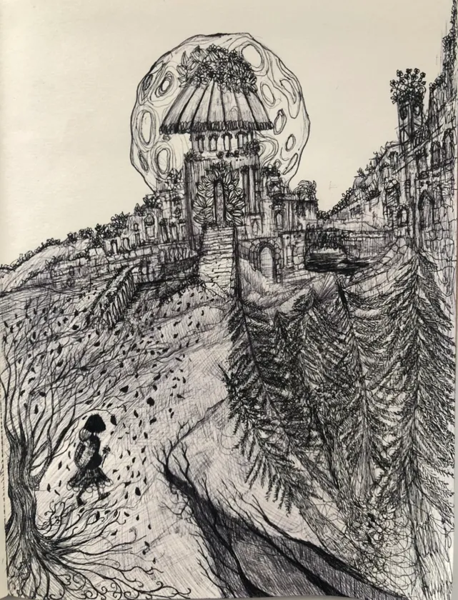 An imagined settlement grows around a central structure between steep, textured cliffs.