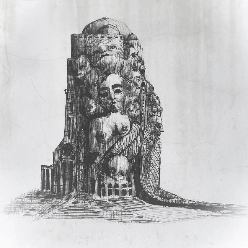 A layered imagined form brings together faces, figures, and architectural details.