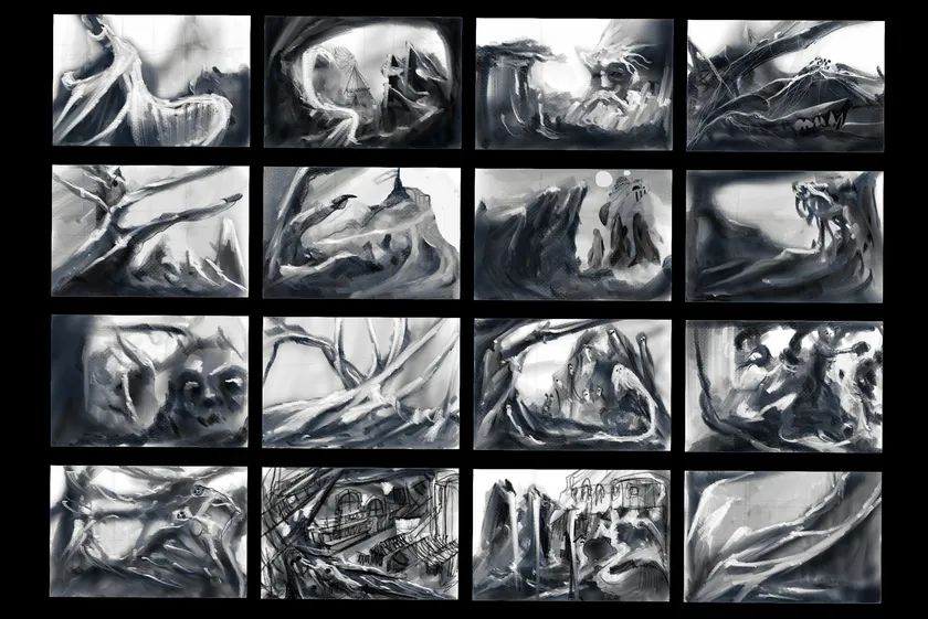 Small environment studies explore shifting silhouettes, viewpoints, and light.