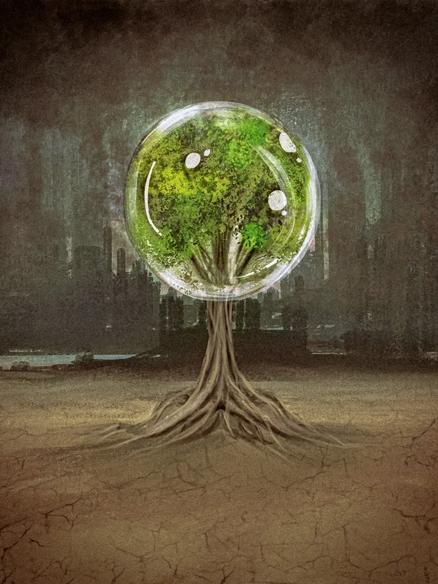An imagined tree holds a luminous green world within a glass-like sphere.