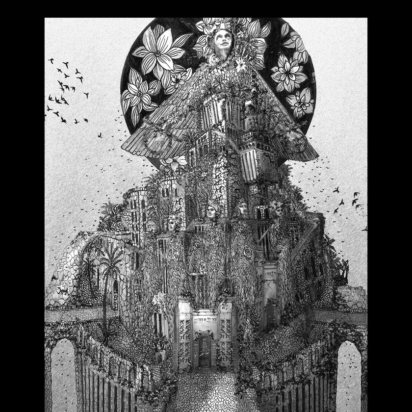 Architecture, flowers, and an imagined figure are woven into a single intricate form.