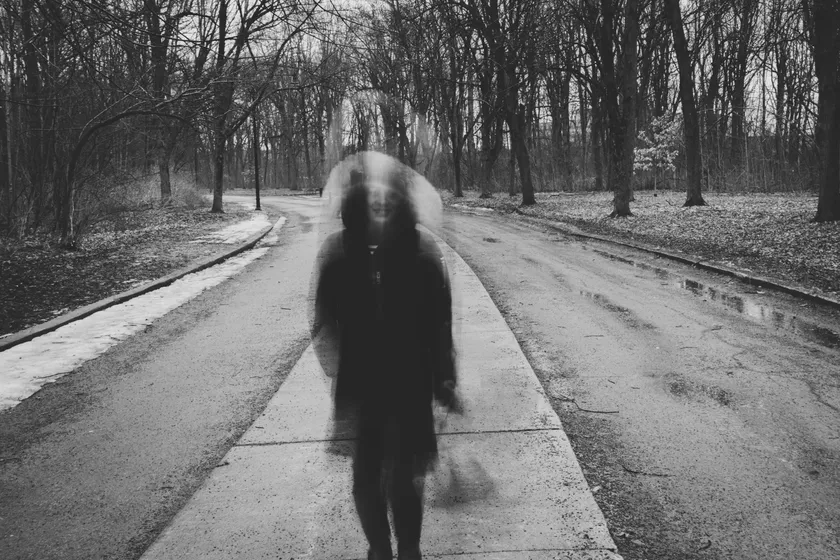 شخص متحرك يتشوش على طريق تؤطّره أشجار داكنة وأرض شاحبة.
