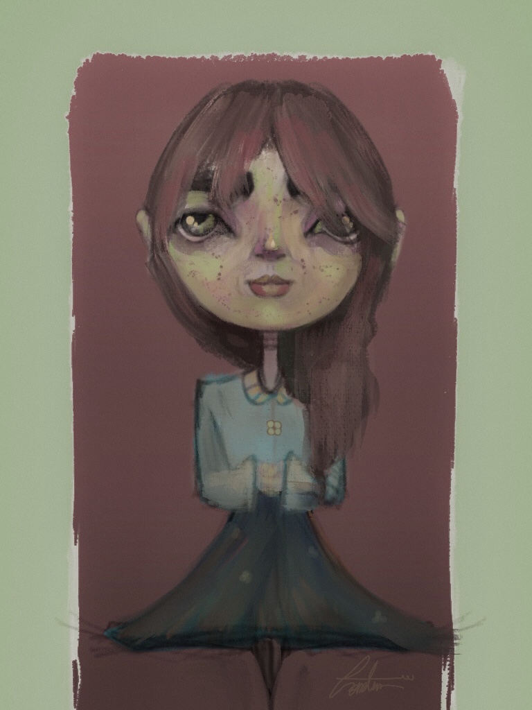 Stylized seated girl against a muted red background