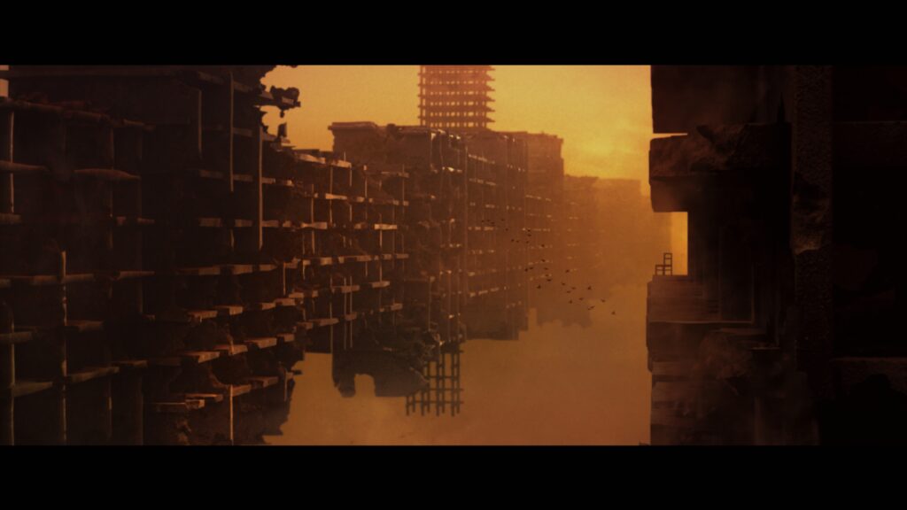 Cinematic imagined environment of floating architectural ruins