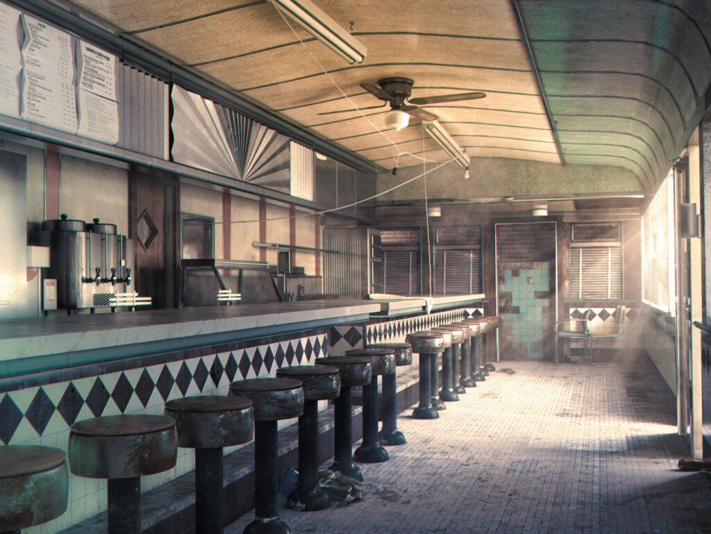 An abandoned diner rendered with cinematic lighting